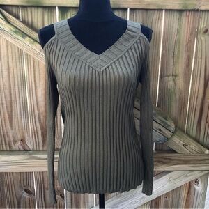 Hooked Up Olive Green Long Sleeve Cold Shoulder Ribbed Stretchy Sweater Size L